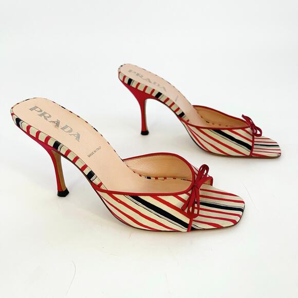 Vintage Prada Red Navy Cream Striped Bow Square Toe Slide Mules Heels IT 38.5 - Picture 1 of 11
